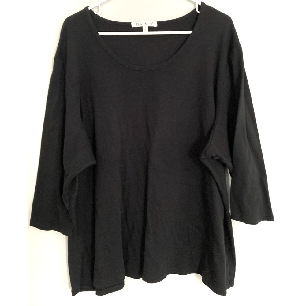 TravelSmith Shirt Women 3X Black Scoop Neck 3/4 Sleeve Stretch Basic Made USA